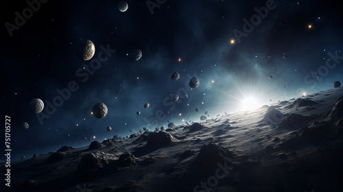 A breathtaking moonscape stretches beneath a starry sky, dotted with floating celestial bodies, offering a sense of wonder and the grandeur of space exploration