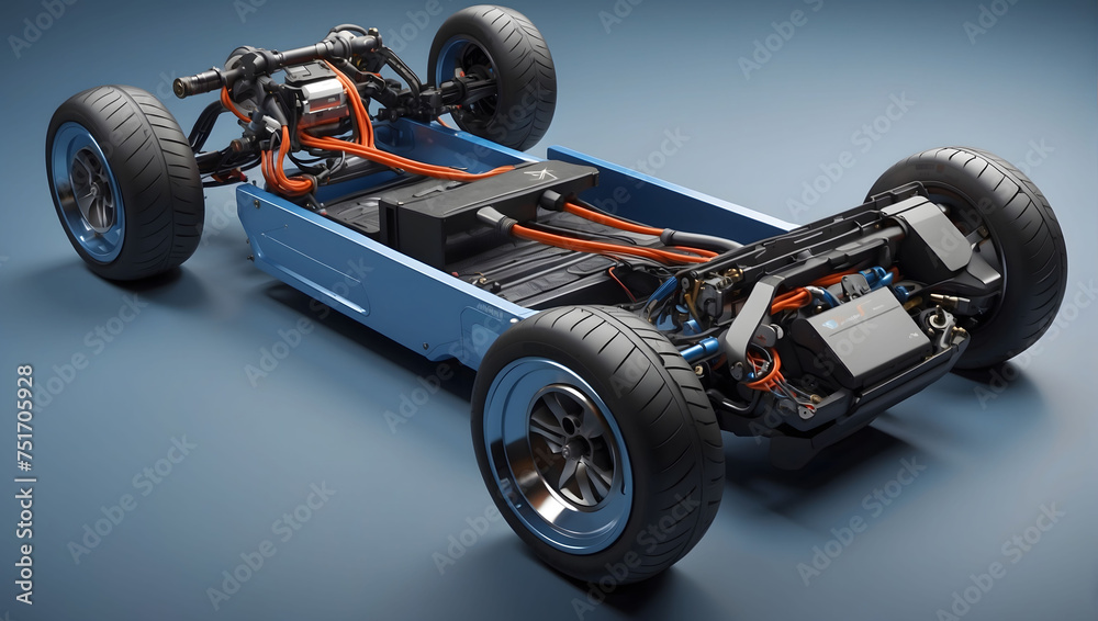 Electric Scotter chassis, to reveal the battery pack, motor, and other key elements, full view of a Scotter, vehicle illustration, Autodesk SolidWorks visualize, trending on vehicle design. - obrazy, fototapety, plakaty 