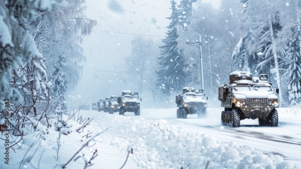 A column of armored personnel carriers riding on a winter road, exemplifying military readiness and strategic winter operation.