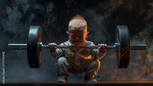 Angry and Very Strong child trying to lift a heavy barbell on a dark background