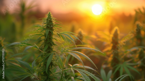 Cannabis plant in focus with a sunset background, highlighting the legal cultivation of hemp for medicinal purposes, suitable for discussions on alternative medicine, agriculture, and legal cannabis