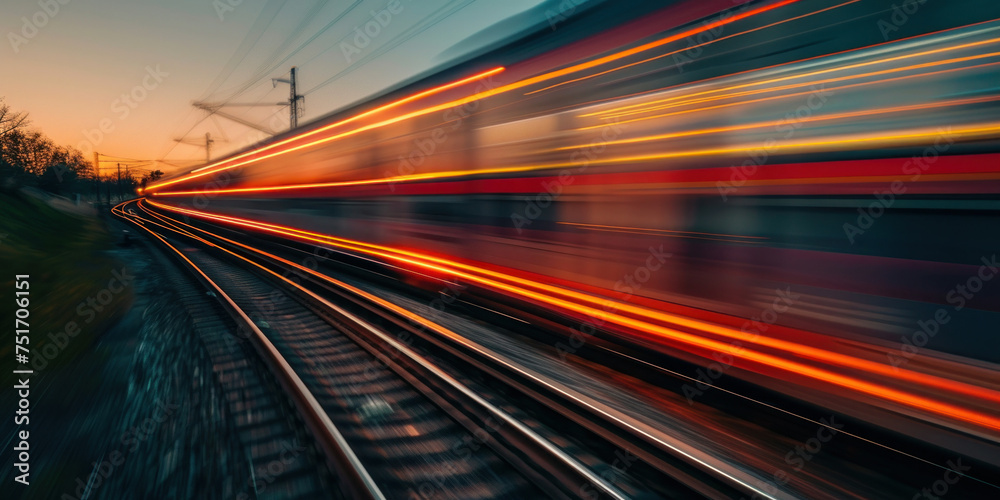 Motion blur of a train speeding down the tracks at sunset in a timelapse video recording