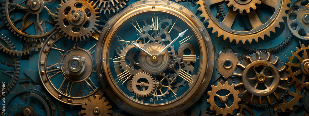 Gears and mechanisms of a clock. Interlocking gears in perfect harmony, orchestrating the passage of time with mesmerizing precision.