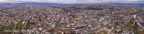 Aerial view around the downtown of the city Kassel in Hessen, Germany on a cloudy day in early spring. 
