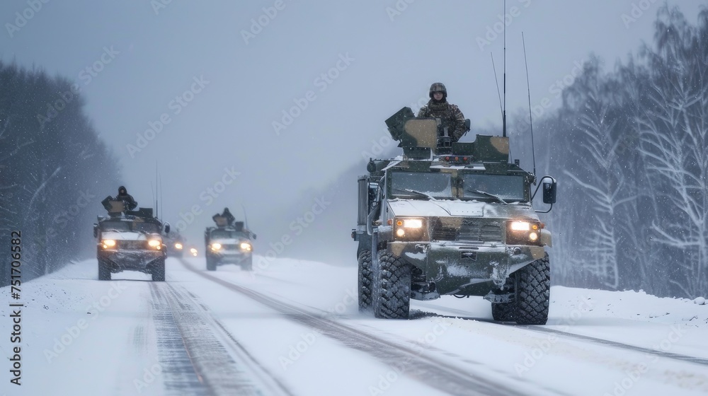 A column of armored personnel carriers riding on a winter road, exemplifying military readiness and strategic winter operation. A column of armored personnel carriers riding on a winter road, exemplifying military readiness and strategic winter operation.