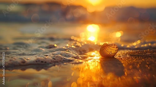 Sunset on sea beach with seashell and water