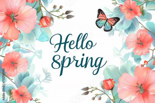 Springtime Splendor: Vector Background Design Featuring 'Hello Spring' Typography, Fresh Blooms, and Delicate Butterfly Elements, Perfect for Celebrating the Holiday Season