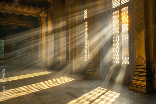 Sun rays piercing through stained glass windows, casting patterns inside temple