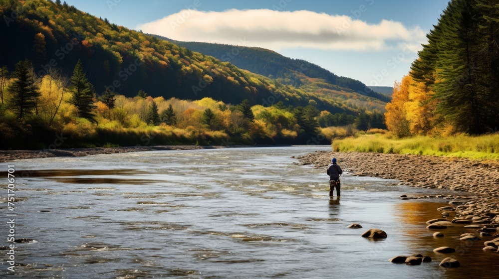 Fly fisherman fishing for Atlantic Salmon on the river Fly fisherman fishing for Atlantic Salmon on the river