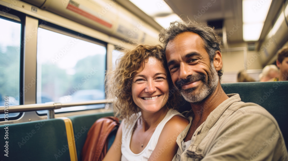 Mixed race middle aged couple travelling by train, responsible travel concept