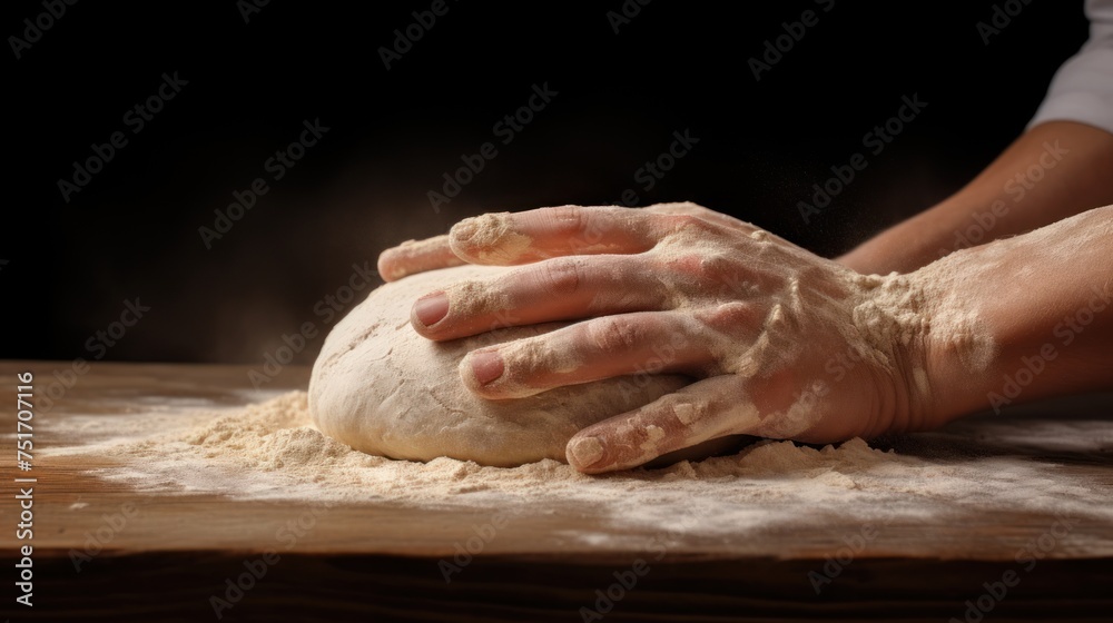 A man kneads dough on a wooden table sprinkled with flour. Close-up of hands.