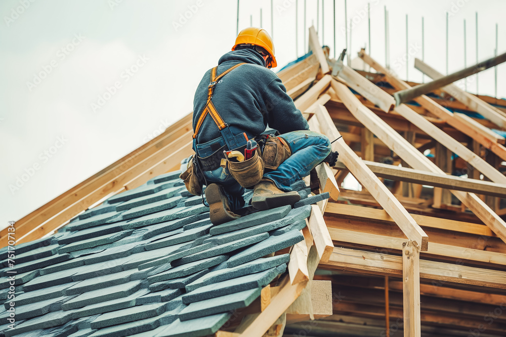 A construction worker wears a seat belt while working on the roof structure of a building at a construction site. A construction worker wears a seat belt while working on the roof structure of a building at a construction site.