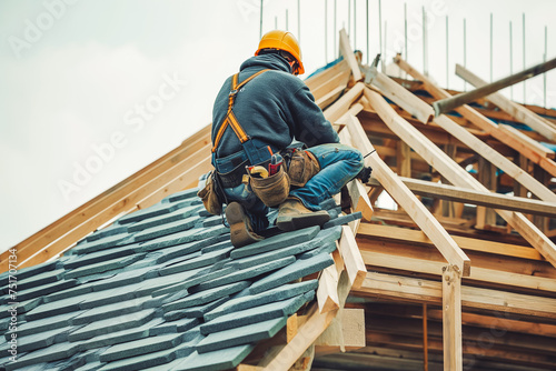 A construction worker wears a seat belt while working on the roof structure of a building at a construction site.