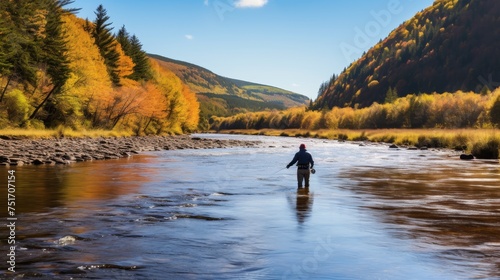 Fly fisherman fishing for Atlantic Salmon on the river