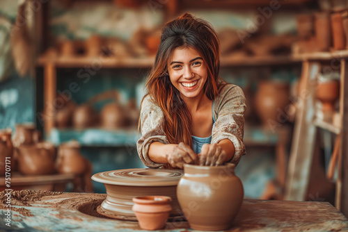 A happy smiling woman ceramist works behind a potter's wheel in a pottery workshop. Hobby and creativity concept. photo