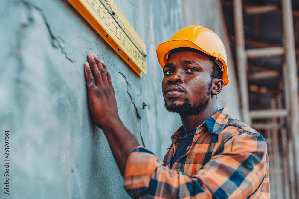 African male worker checking level of the wall with the bubble level tool. African male worker checking level of the wall with the bubble level tool.