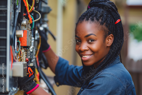 Black woman, electrician and ac repair for electrical system, fan maintenance and labor.