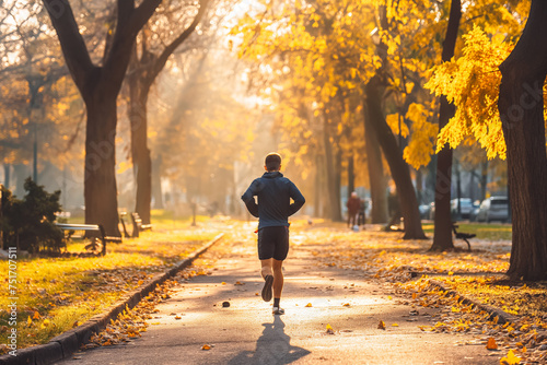 Everyday activity is important. Man running in park, back light sunlight.