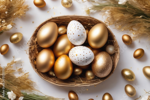 Beautiful Easter background with golden Easter eggs on white table. Top view, flat style.