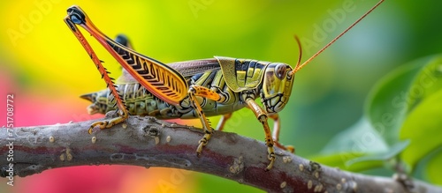 Macro close up of a vibrant green grasshopper sitting on a lush branch in the forest © TheWaterMeloonProjec