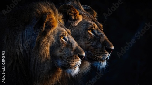 Lion and lioness, an animal family, captured in a dark portrait, showcasing the regal beauty of these untamed creatures in the wild