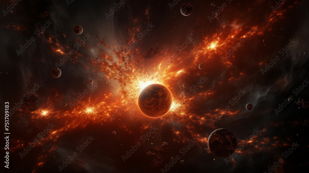 Obraz premium An intense illustration of a cosmic explosion with planets engulfed in flames, depicting a dynamic and catastrophic event