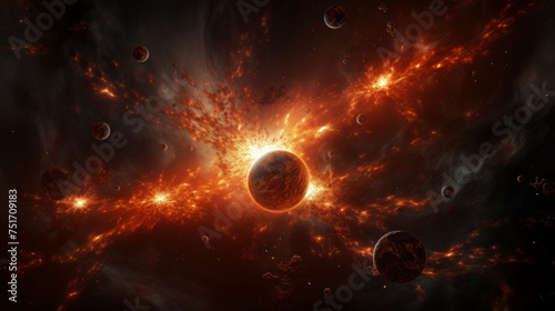 An intense illustration of a cosmic explosion with planets engulfed in flames, depicting a dynamic and catastrophic event photo