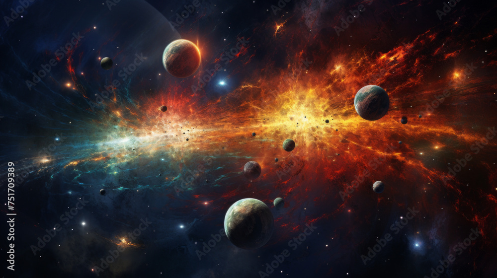 A striking space scene featuring a brilliant nebula, multiple planets, and layers of colors blending in a cosmic dance