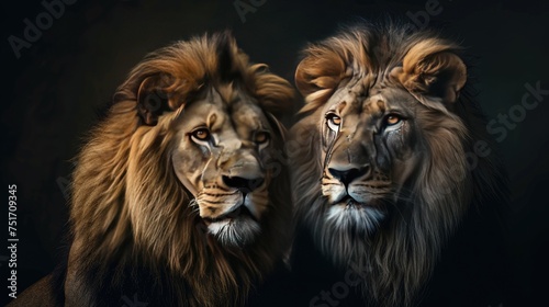 Lion and lioness  an animal family  captured in a dark portrait  showcasing the regal beauty of these untamed creatures in the wild