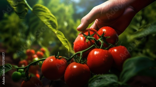 A person's hand picking a cluster of tomatoes from a vine.