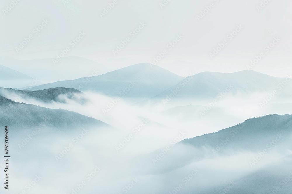 Design a mottled background that captures the elusive beauty of morning fog rolling over a mountain range, with subtle gradients of white, gray, and soft blue creating a mystic and ethereal landscape