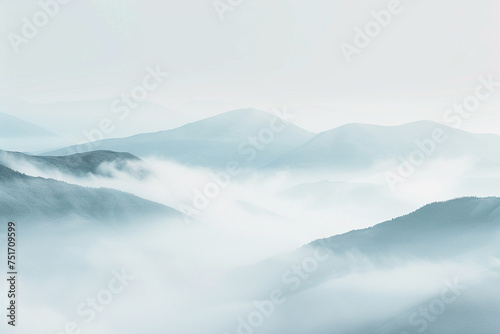 Design a mottled background that captures the elusive beauty of morning fog rolling over a mountain range  with subtle gradients of white  gray  and soft blue creating a mystic and ethereal landscape