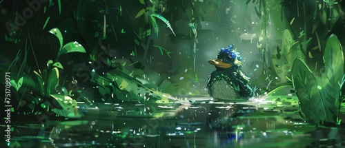 a digital painting of a bird sitting on a log in the middle of a swamp filled with water lilies. © Jevjenijs