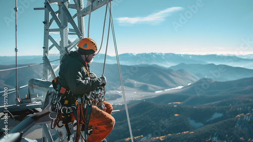 engineer wearing safety gear working at top of signal antenna.Working at height.