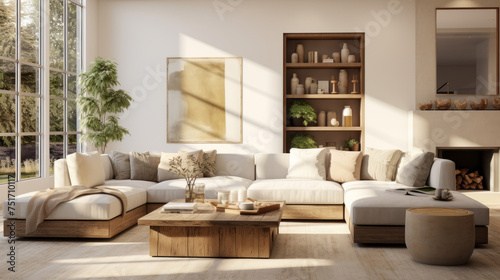 A stylish living room with a sustainable sectional, armchairs and end table crafted from organic materials