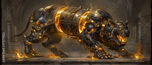 a digital painting of a demon dog with flames coming out of it's back legs and a ring around it's neck. photo