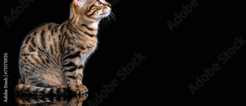 a close up of a cat on a black background with a reflection of it's head in the water.
