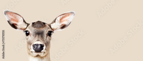 a close up of a deer's face on a beige background with a black spot in the middle of the antelope's ear. © Jevjenijs