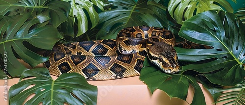 a large snake laying on top of a lush green leaf covered ground next to a large green leafy plant. photo