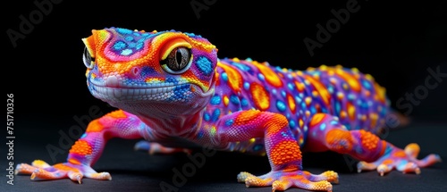 a close up of a brightly colored lizard on a black background with a black background and a black back ground. photo