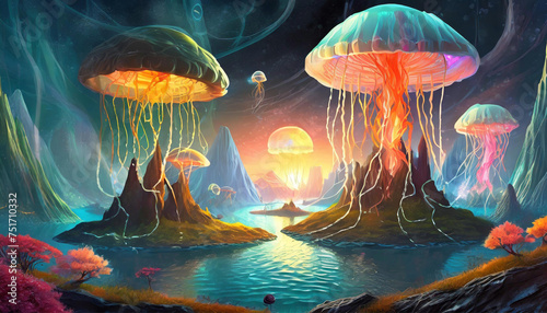 Abstract illustration with beautiful glowing jellyfish
