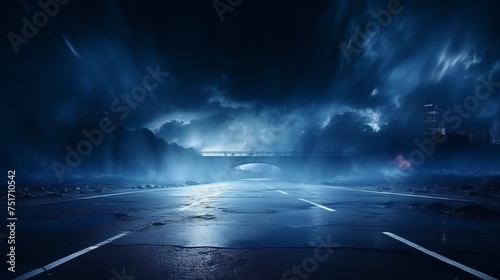 Blue Neon Searchlight Illuminates Dark Scene - Wet Asphalt, Smoke, Night View