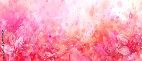 a painting of pink flowers and drops of water on a pink and white background with a splash of water on the left side of the image. photo