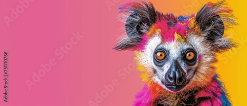 a close up of a multicolored animal on a pink and yellow background with a pink and yellow background.