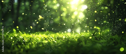 a blurry photo of a grass field with a butterfly flying in the air over the grass and the sunlight shining through the trees.