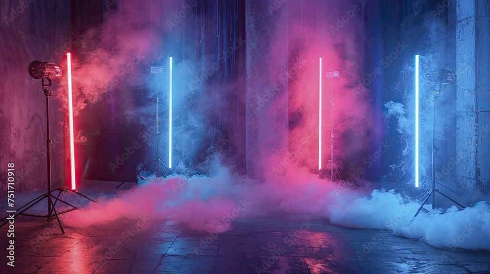 Chic dark blue setting, neon corner lights, and soft smoke for fashion product shoots.