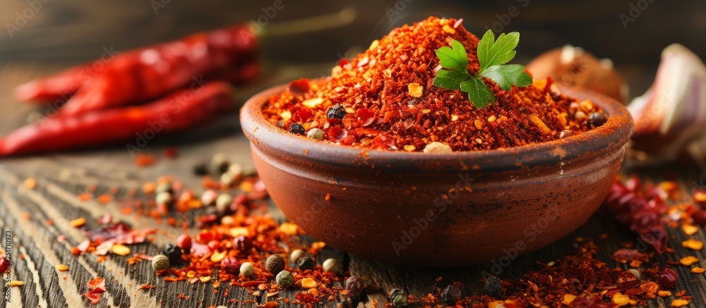 Vibrant bowl of red chili powder with a sprinkle of hot chili spice for cooking recipes - obrazy, fototapety, plakaty 
