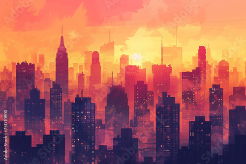 Design a mottled background that captures the vibrant and dynamic energy of a city skyline at sunset  with oranges  pinks  and purples blending into the silhouettes of buildings