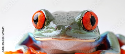 a close up of a frog s face with a red - eyed frog on it s back legs.