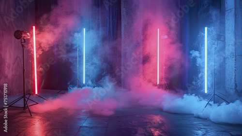 Chic dark blue setting, neon corner lights, and soft smoke for fashion product shoots.